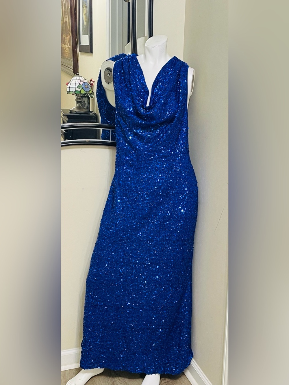 Blue Sequin Draped Neck Evening Gown